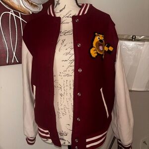 Ashley Maroon Varsity Jacket with Bear Patch